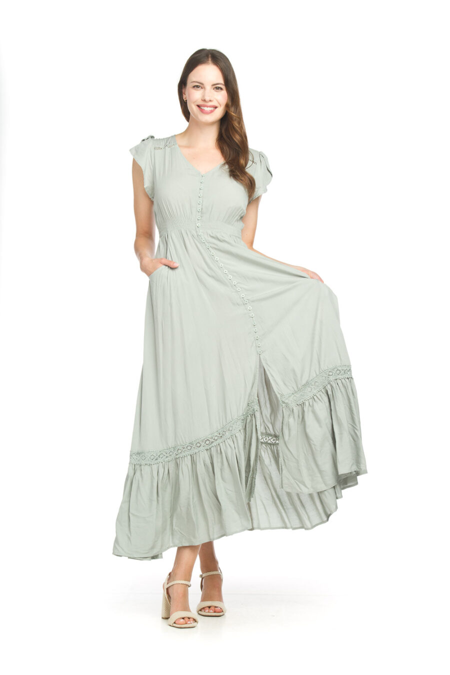 Papillon Lace Inset Dress Sage PD-14514