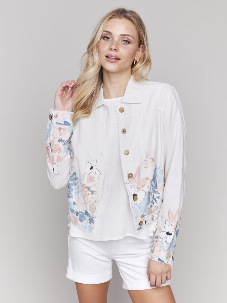 Charlie B Printed Linen Blend Jacket White C6199BY