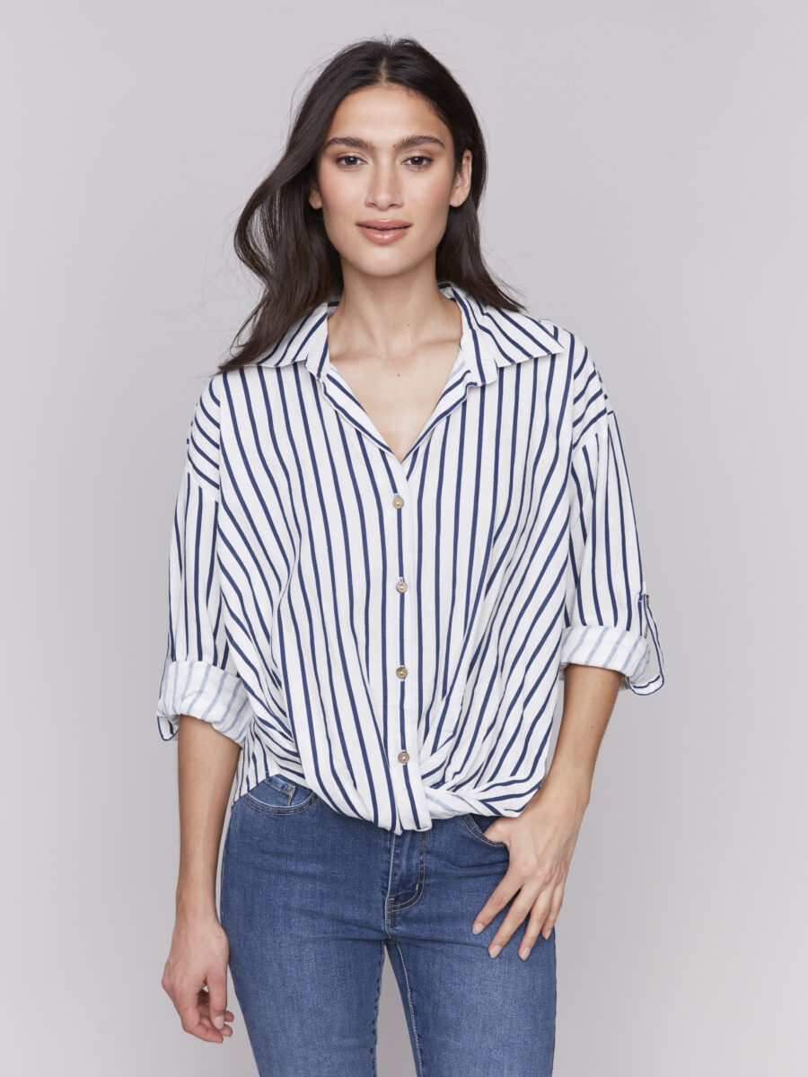 Charlie B Striped Roll Up Sleeve Blouse C4604