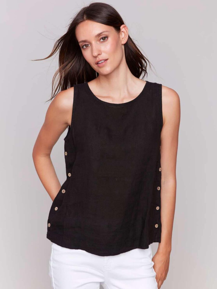 Charlie B Sleeveless Linen Top Black C4425T