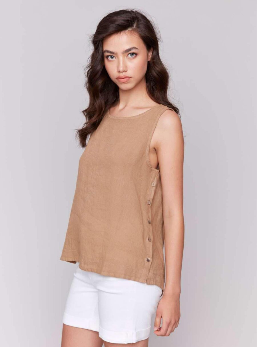 Charlie B Sleeveless Linen Top Biscuit C4425T